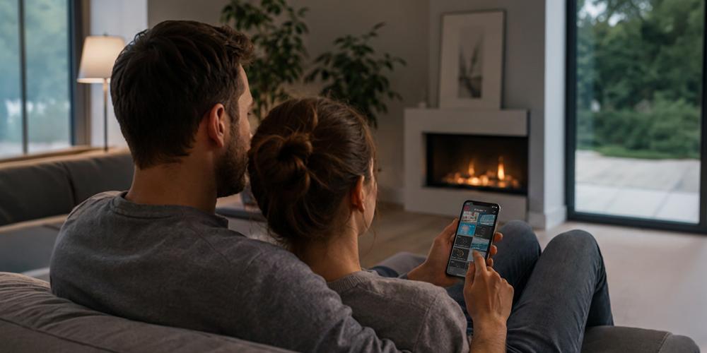 Ein Paar auf dem Sofa mit dem Tablet in der Hand bei Gebäude steuern via YOUVI-App